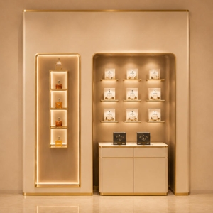 Dual-Format Built-In Perfume Display Wall | Cream & Gold Showcase 2 Luxury Perfume Wall Cabinet | Backlit Scent Showcase - Sunzen