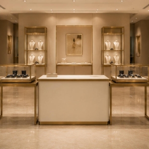 Modular Jewelry Display Console Set | Brass Frame Showcase 3 Luxury jewelry boutique consultation counter display