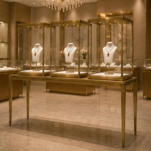 Triple Gold Tower Jewelry Display Console | 3 Showcase Set 3 Luxury jewelry boutique with tower showcase display