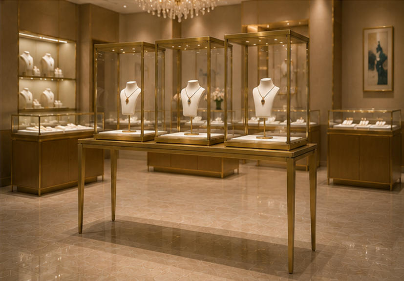 Luxury jewelry boutique with tower showcase display