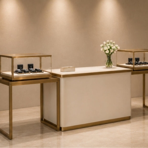 Modular Jewelry Display Console Set | Brass Frame Showcase 6 Luxury jewelry consultation counter side angle view