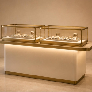 Double Glass-Top Jewelry Display Island Counter | Dual Showcase 6 Luxury jewelry island showcase counter with LED lighting