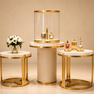 Marble Gold Display Table | Cylinder Glass Perfume Showcase - Sunzen 2 Marble Gold Display Table | Cylinder Glass Perfume Showcase - Sunzen