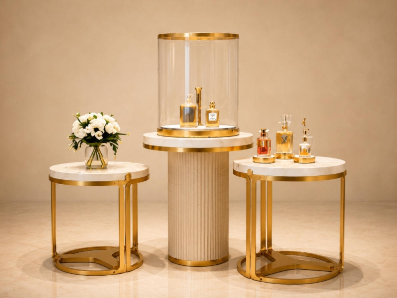 Marble Gold Display Table | Cylinder Glass Perfume Showcase - Sunzen