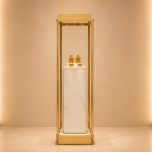 Marble Perfume Pedestal | Gold Frame Tall Backlit Scent Vitrine - Sunzen 2 Marble Perfume Pedestal | Gold Frame Tall Backlit Scent Vitrine - Sunzen