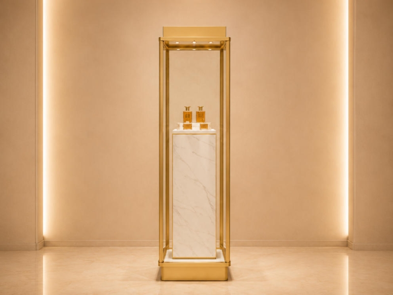 Marble Perfume Pedestal | Gold Frame Tall Backlit Scent Vitrine - Sunzen
