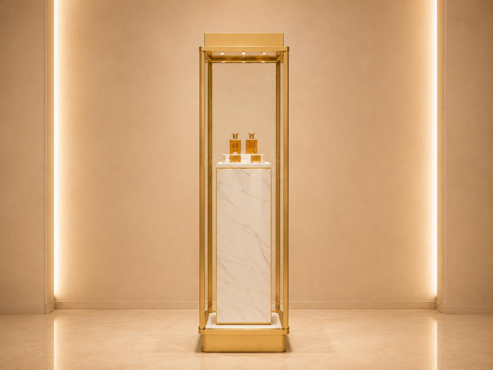 Marble Perfume Pedestal | Gold Frame Tall Backlit Scent Vitrine - Sunzen 1 Marble Perfume Pedestal | Gold Frame Tall Backlit Scent Vitrine - Sunzen