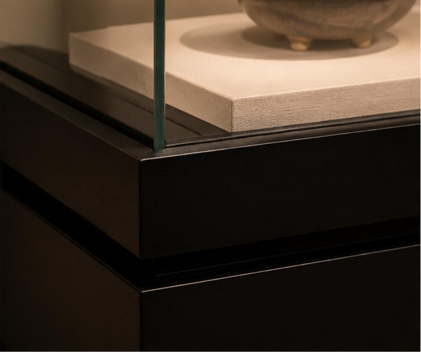 Multi-drawer base, glass enclosure and information panel material details
