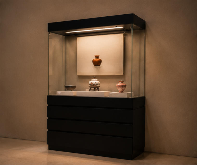 Multi-tier pedestal artifact display cabinet different angle view