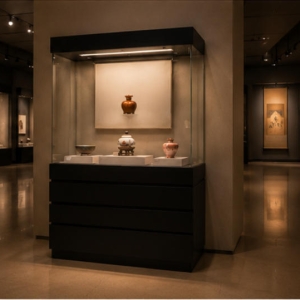 Multi-Tier Pedestal Artifact Display Cabinet | Museum Showcase 3 Multi-tier pedestal artifact display cabinet in museum setting