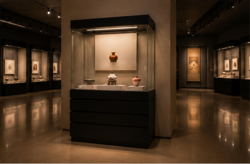 Multi-tier pedestal artifact display cabinet in museum setting