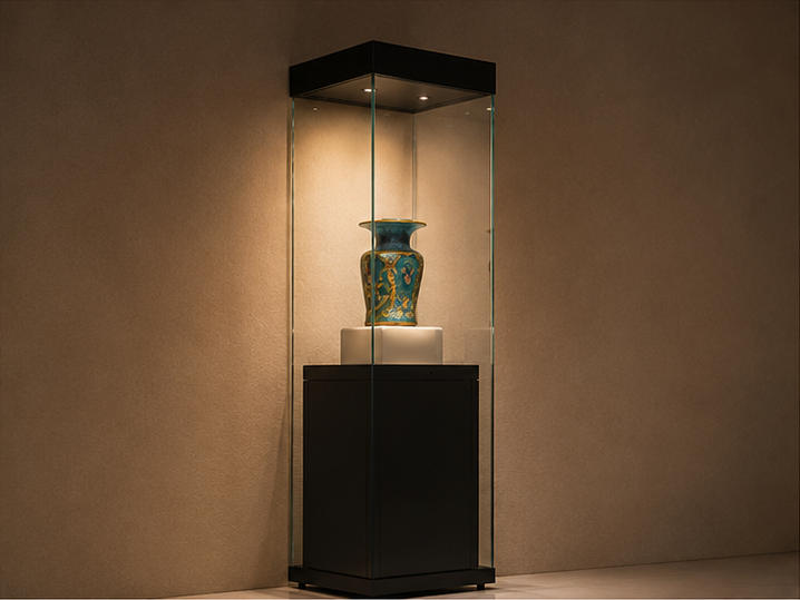 Recessed single-artifact museum display case different angle view