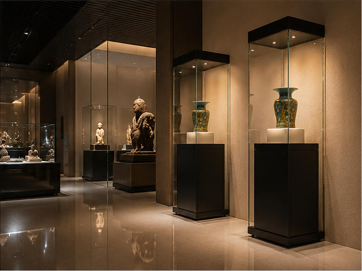 Recessed single-artifact museum display case in gallery setting