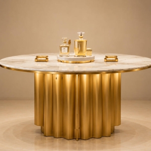 Round Marble Perfume Island | Fluted Gold Central Fragrance Table - Sunzen 2 Round Marble Perfume Island | Fluted Gold Central Fragrance Table - Sunzen