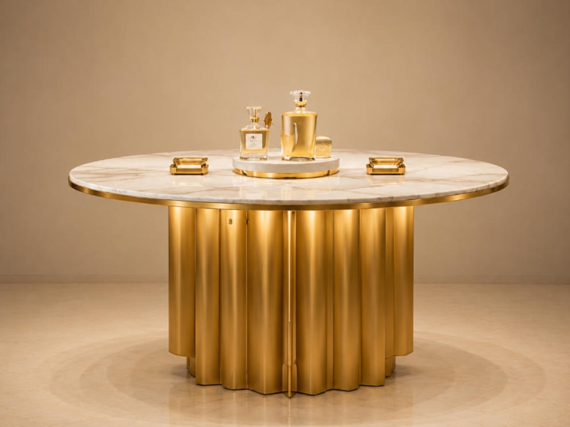Round Marble Perfume Island | Fluted Gold Central Fragrance Table - Sunzen