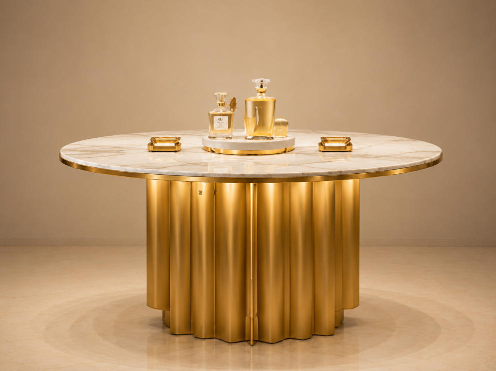 Round Marble Perfume Island | Fluted Gold Central Fragrance Table - Sunzen 1 Round Marble Perfume Island | Fluted Gold Central Fragrance Table - Sunzen