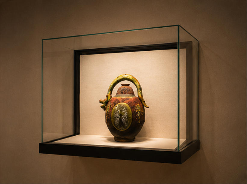 Square wall-mounted artifact display niche different angle view