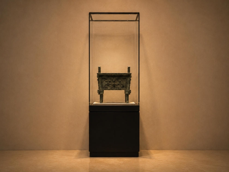 Tall Vertical Pedestal Bronze Artifact Display Case | Museum Showcase