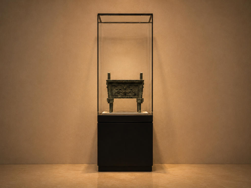 Tall Vertical Pedestal Bronze Artifact Display Case | Museum Showcase 1 Tall Vertical Pedestal Bronze Artifact Display Case | Museum Showcase