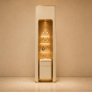 Tall Recessed Perfume Cabinet | Backlit Gold Trim Vertical Scent Vitrine - Sunzen 2 Tall Recessed Perfume Cabinet | Backlit Gold Trim Vertical Scent Vitrine - Sunzen