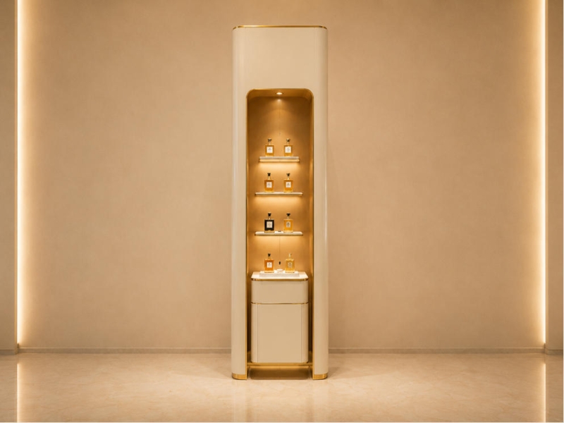 Tall Recessed Perfume Cabinet | Backlit Gold Trim Vertical Scent Vitrine - Sunzen