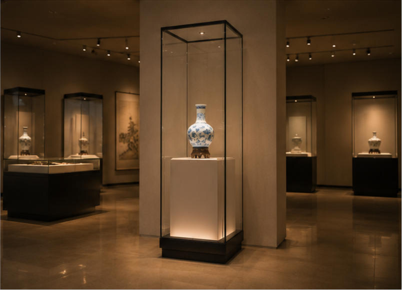 Tall tower-style display case in museum setting