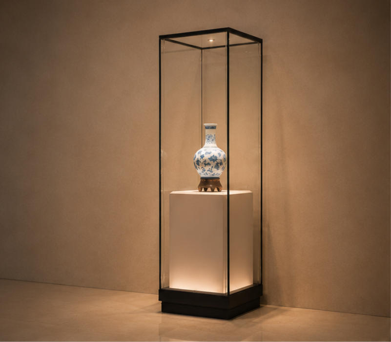 Tall tower-style single-porcelain display case different angle view