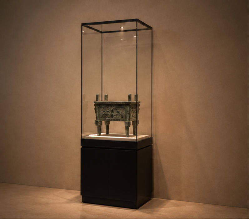 Tall vertical pedestal bronze artifact display case different angle view
