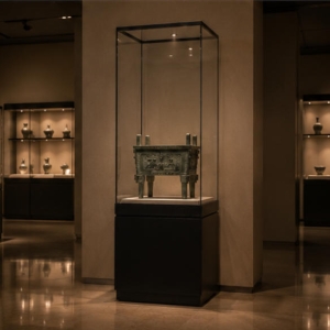 Tall Vertical Pedestal Bronze Artifact Display Case | Museum Showcase 3 Tall vertical pedestal display case in museum setting