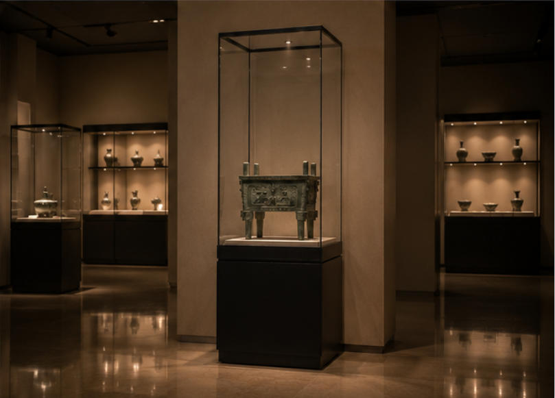Tall vertical pedestal display case in museum setting