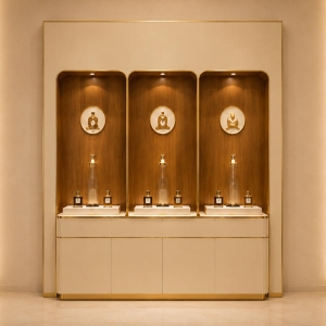 Triple Niche Perfume Wall | Wood Back Built-In Fragrance Station - Sunzen 2 Triple Niche Perfume Wall | Wood Back Built-In Fragrance Station - Sunzen