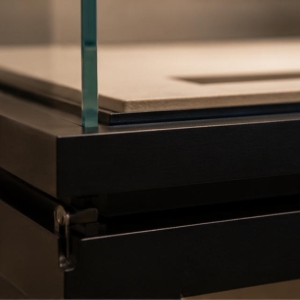 Two-Legged Tabletop Document Display Case | Museum Showcase 5 Two-legged black base, glass enclosure and angled platform material details