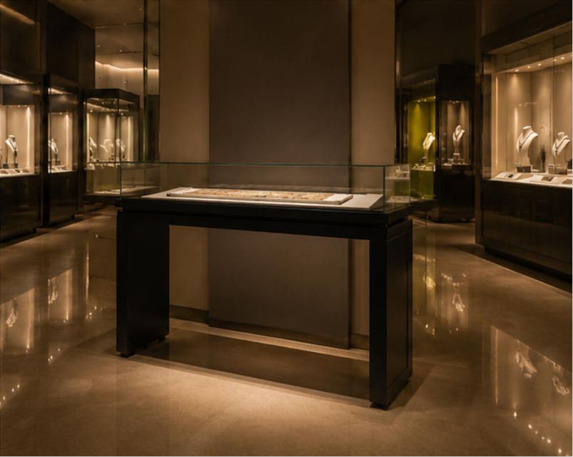 Two-legged tabletop document display case in museum setting
