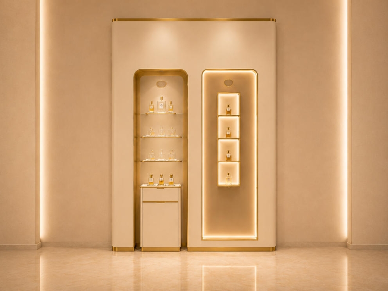 Wall Perfume Showcase | Backlit Scent Cabinet Gold Edge Vitrine - Sunzen