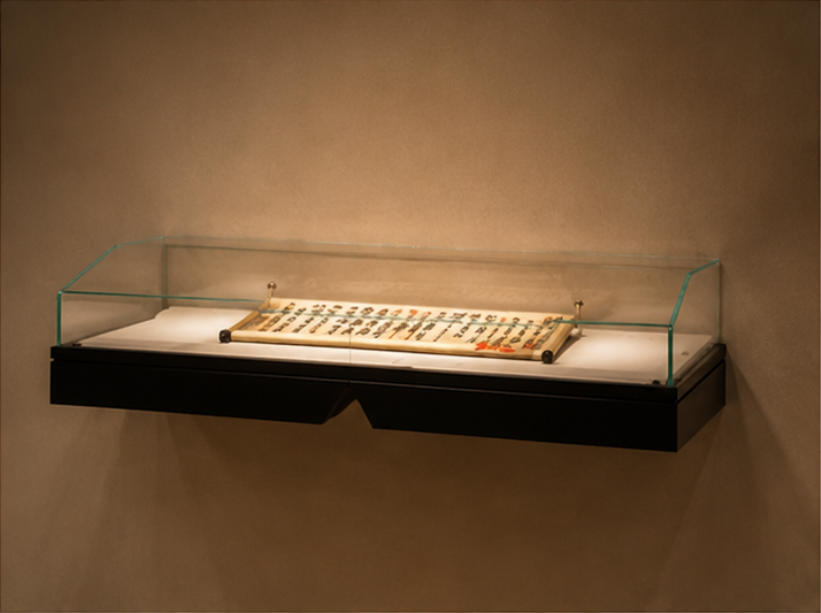 Wall-mounted horizontal manuscript display case different angle view