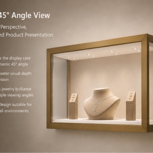 Wall-Mounted Luxury Jewelry Display Case | Brass Framed LED Showcase 6 Wall-mounted luxury jewelry display case different angle view