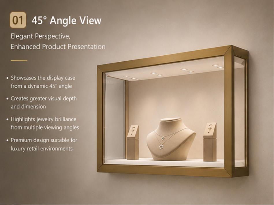 Wall-mounted luxury jewelry display case different angle view