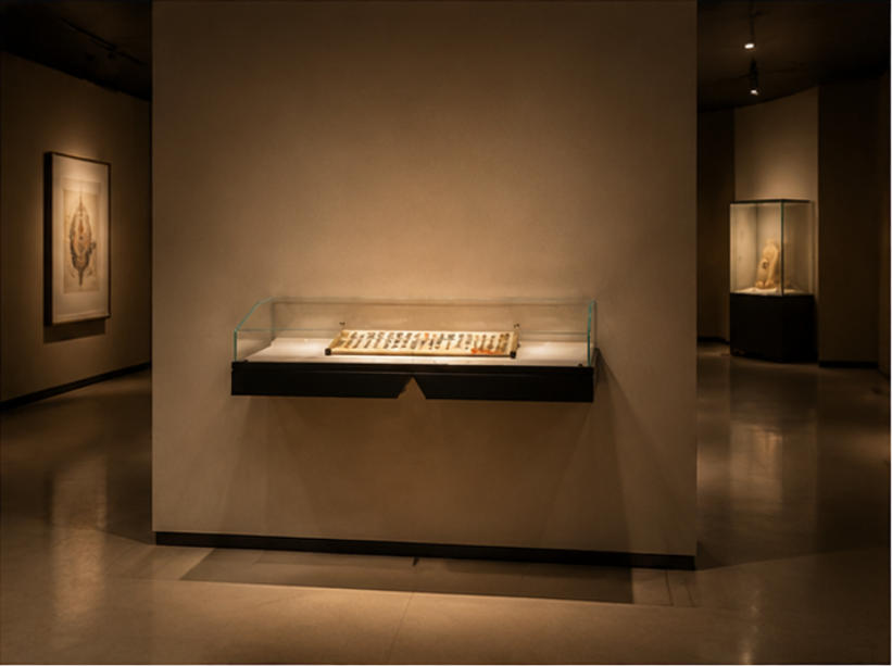 Wall-mounted manuscript display case in museum setting