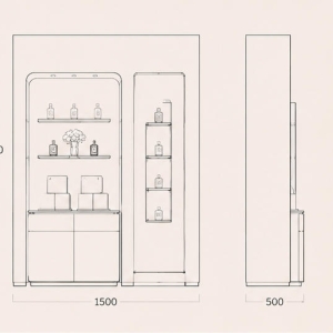 Dual Asymmetrical Scent Wall | Layered Perfume Niche - Sunzen 6 CAD drawing asymmetrical dual niche perfume wall gold trim layered glass shelf storage cabinet