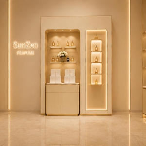 Dual Asymmetrical Scent Wall | Layered Perfume Niche - Sunzen 3 Front real shot asymmetrical dual niche perfume wall inside luxury fragrance boutique
