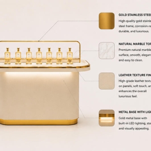 Gold Trim Perfume Counter | Backlit Luxury Scent Showcase - Sunzen 4 Close-up matte cream soft panel brushed gold wrapping edge bottom hidden warm LED light strip