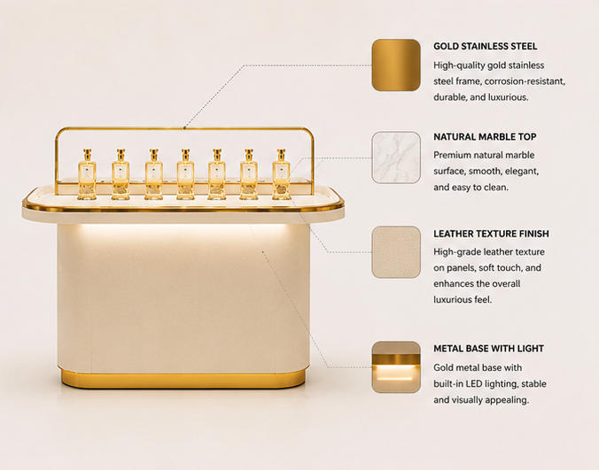 Close-up matte cream soft panel brushed gold wrapping edge bottom hidden warm LED light strip