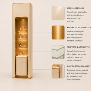 Tall Vertical Scent Tower | Slim Backlit Perfume Rack - Sunzen 4 Close-up cream leather panel, gold trim and embedded top LED for tall fragrance display unit