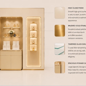 Dual Asymmetrical Scent Wall | Layered Perfume Niche - Sunzen 4 Close-up cream leather panel, continuous gold edge and hidden LED strip for perfume niche wall