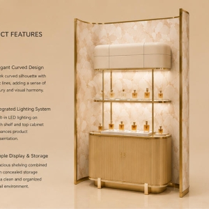 Curved Marble Perfume Wall | Ribbed Base Gold Frame Fragrance Station - Sunzen 5 45° oblique view curved gold frame perfume station with English selling feature labels