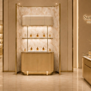 Curved Marble Perfume Wall | Ribbed Base Gold Frame Fragrance Station - Sunzen 3 Front real shot curved marble freestanding perfume wall inside luxury fragrance boutique