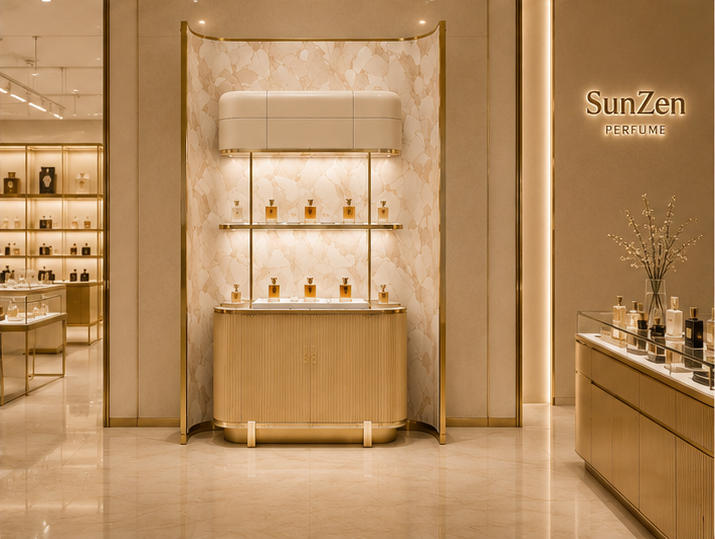 Front real shot curved marble freestanding perfume wall inside luxury fragrance boutique