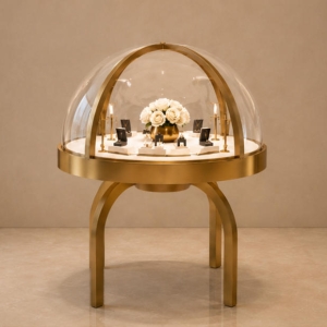 Round Dome Jewelry Display Table | Gold Framed Showcase 6 Luxury dome jewelry display showcase side angle view