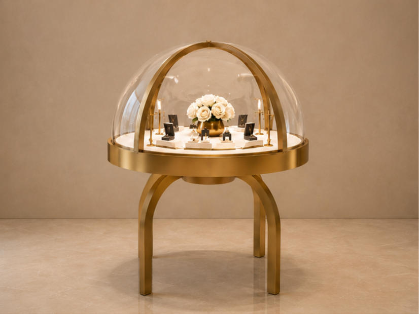 Luxury dome jewelry display showcase side angle view