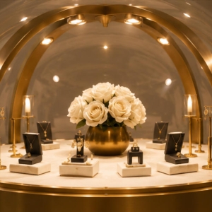 Round Dome Jewelry Display Table | Gold Framed Showcase 4 LED illuminated dome jewelry showcase